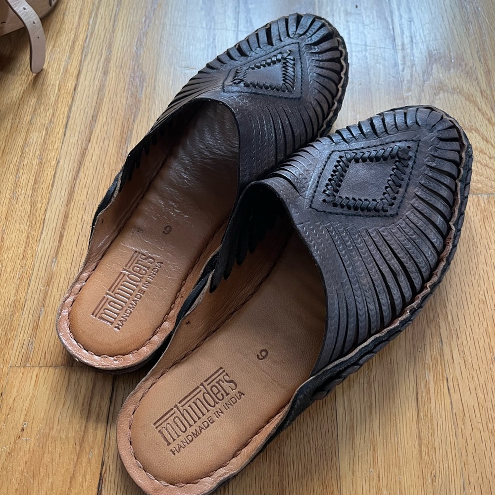 Brown Leather Mules with Woven Design